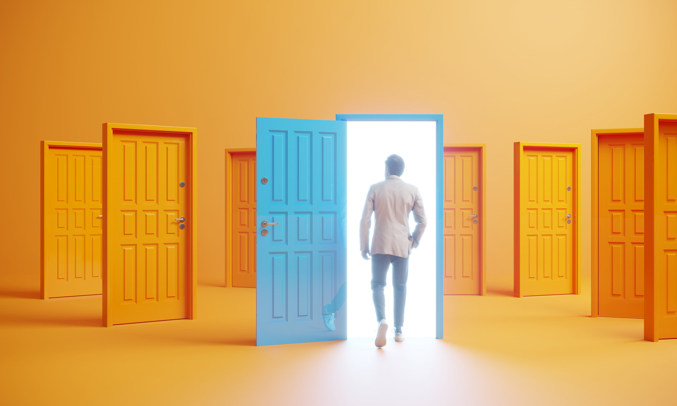 Man choosing blue colored door between lots of doors and choices. (3d render)